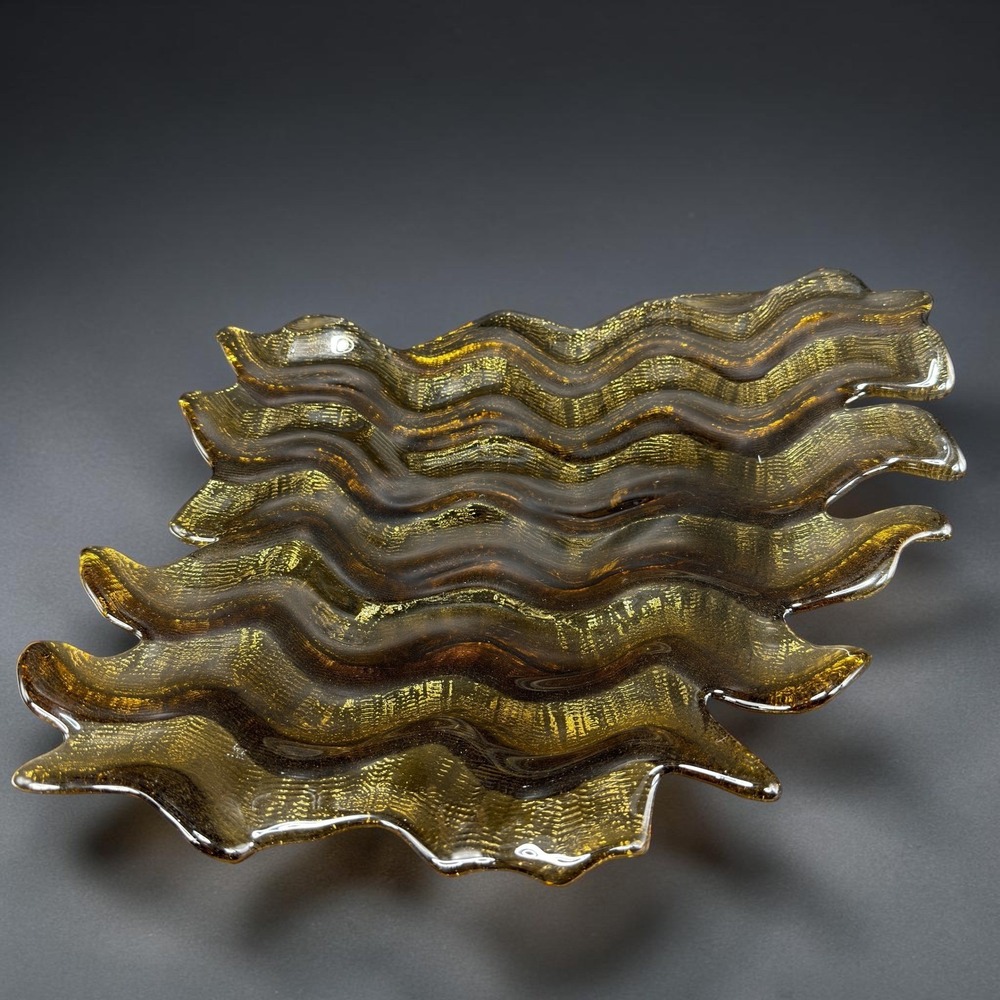 Hudson Beach Amber Gold Textured Wavy Art Glass Centerpiece Bowl 13inch Blown